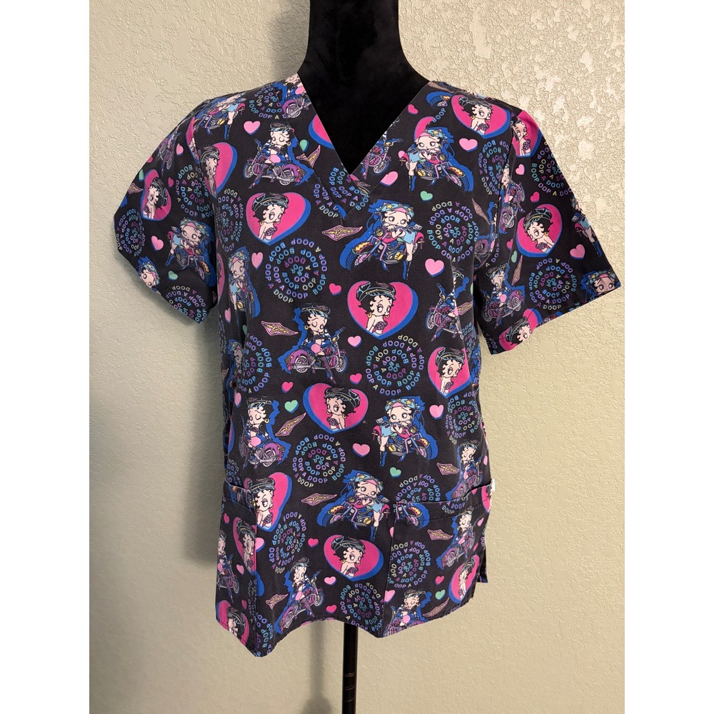 Betty Boop Biker V-Neck Scrub Top Black Pink Motorcycle Print Small